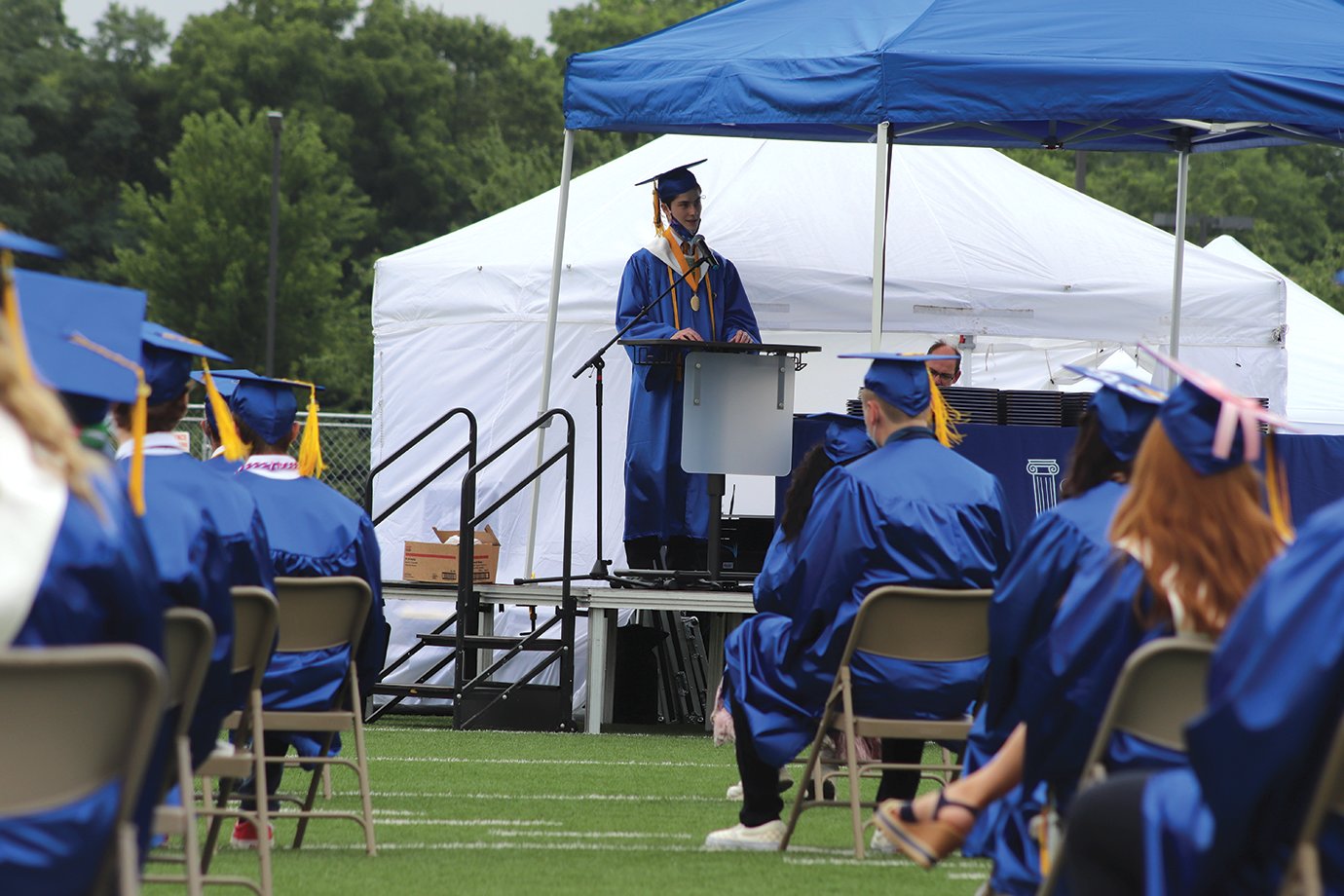 Salutatorian Luka Mikek delivers his class address Saturday during the Crawfordsville High School graduation ceremony.